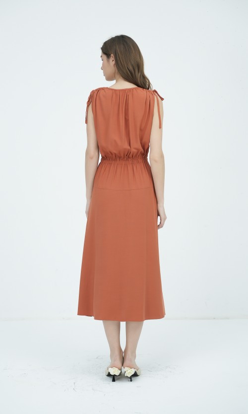 G-Ochre V-Neck Woven Flared Dress